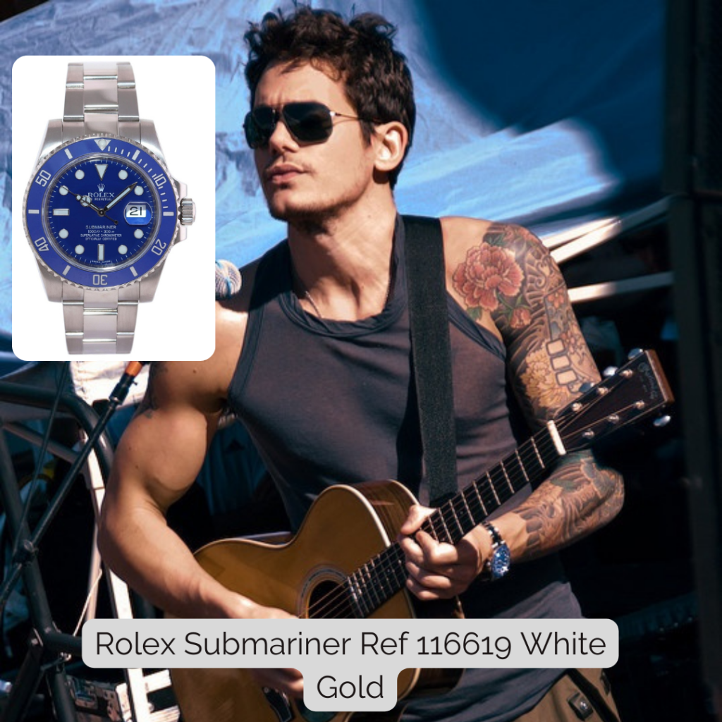 John Mayer wearing Rolex Submariner Ref 116619 White Gold