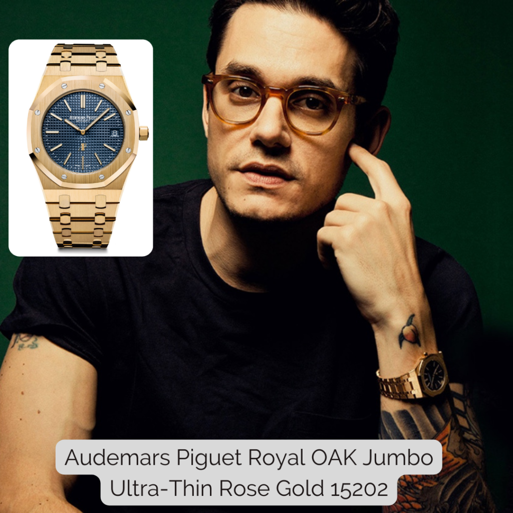 John Mayer wearing Audemars Piguet Royal OAK Jumbo Ultra-Thin Rose Gold 15202