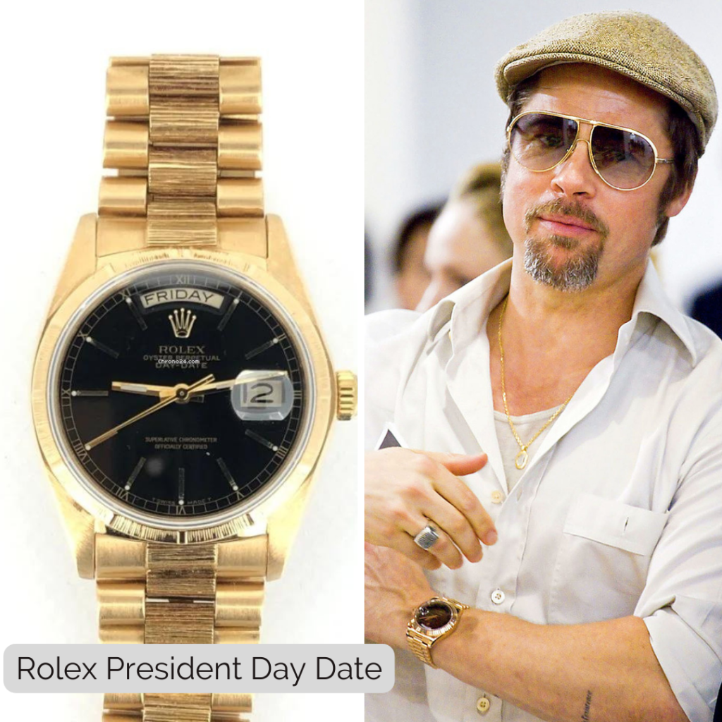 Brad Pitt wearing Rolex President Day Date