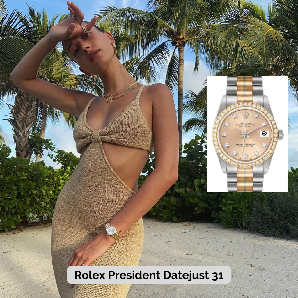 Hailey Bieber wearing Rolex President Datejust 31 