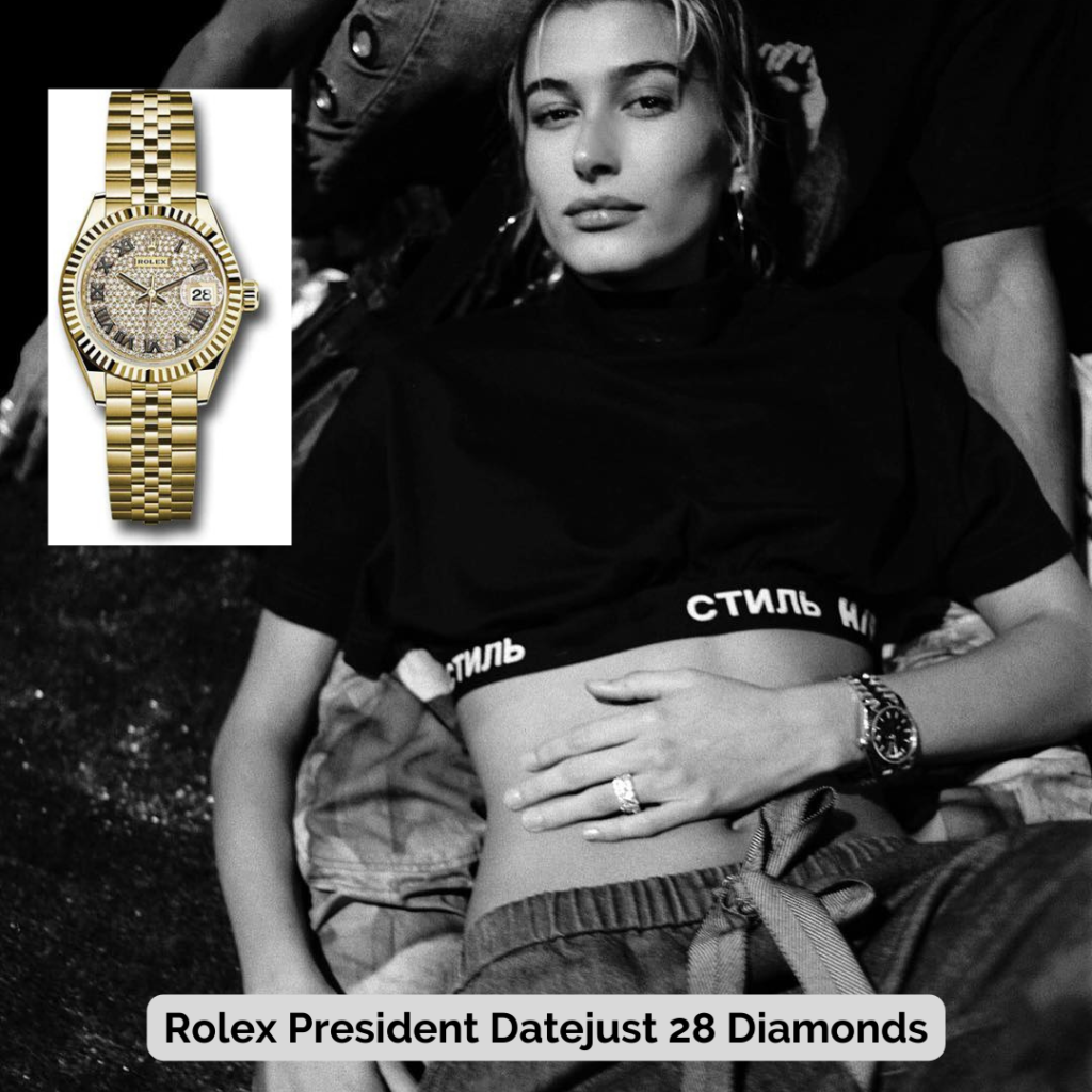 Hailey Bieber wearing Rolex President Datejust 28 Diamonds