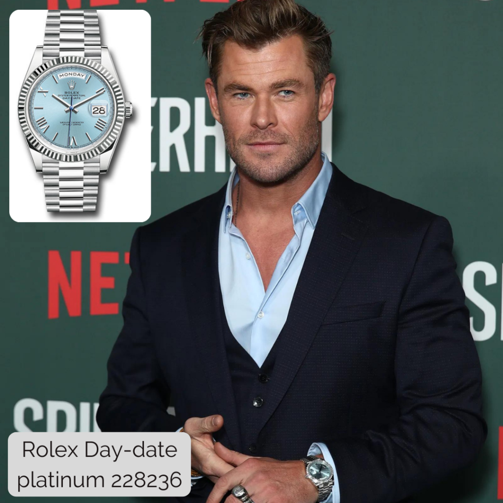 Chris Hemsworth wearing Rolex Day-date platinum 228236