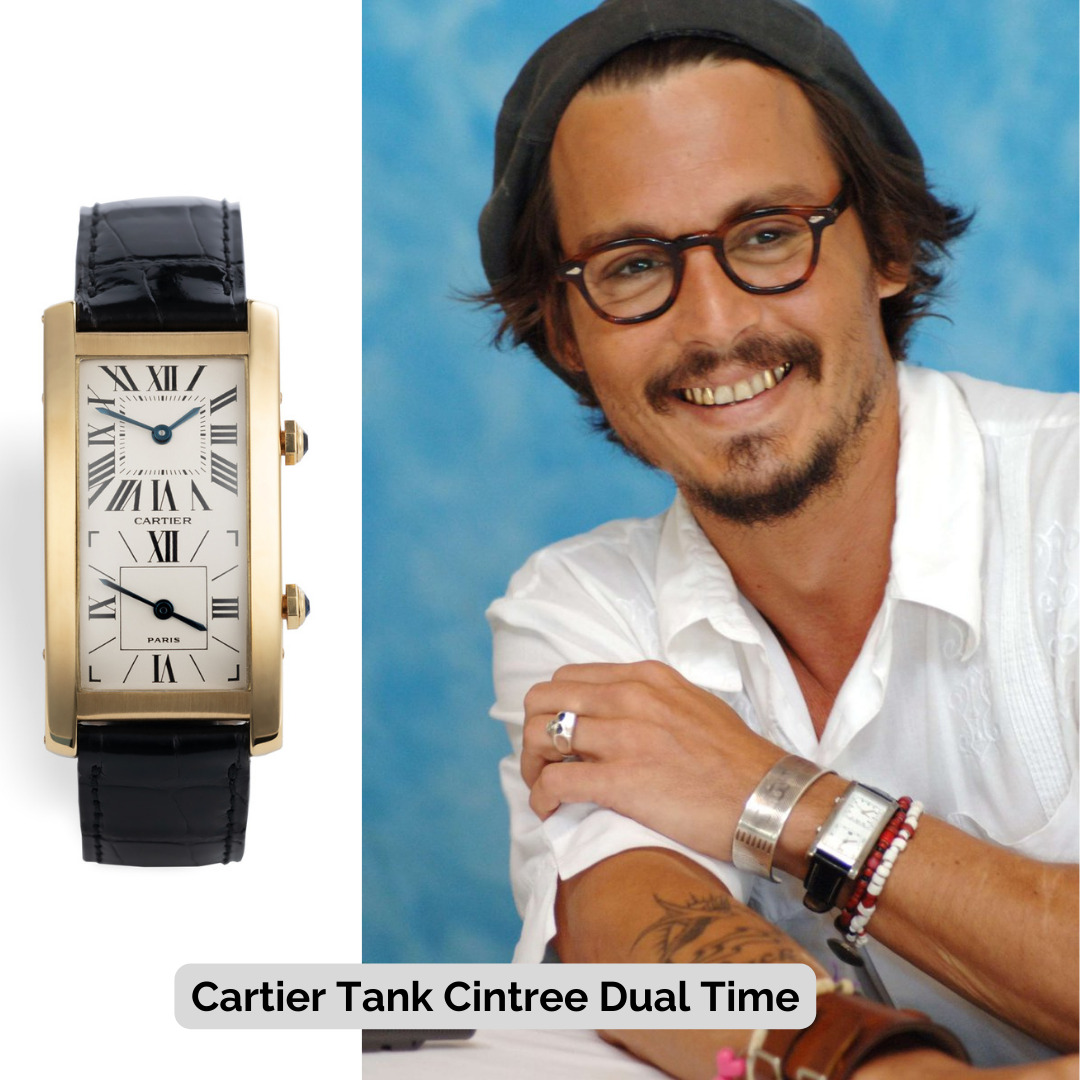 Johnny Depp wearing Cartier Tank Cintree Dual Time