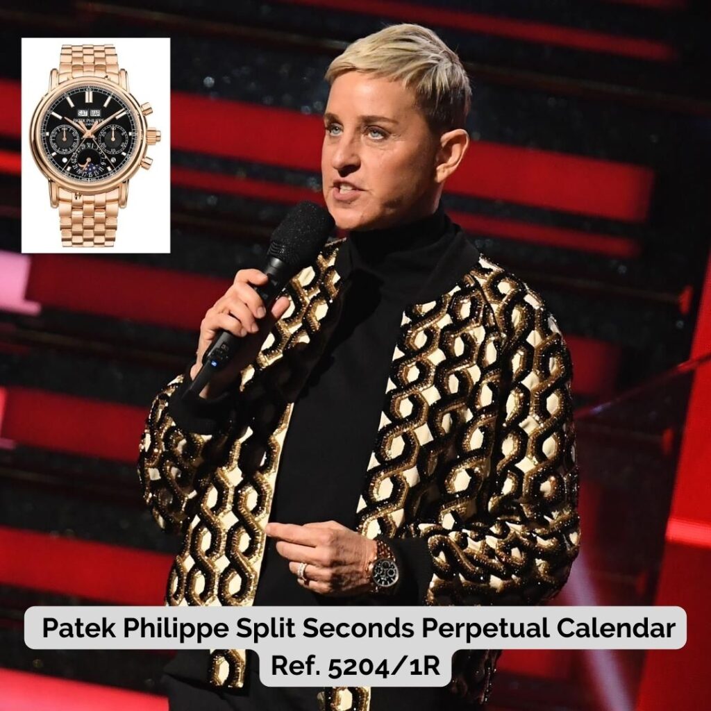 Ellen Degeneres wearing Patek Philippe Split Seconds Perpetual Calendar Ref. 5204/1R