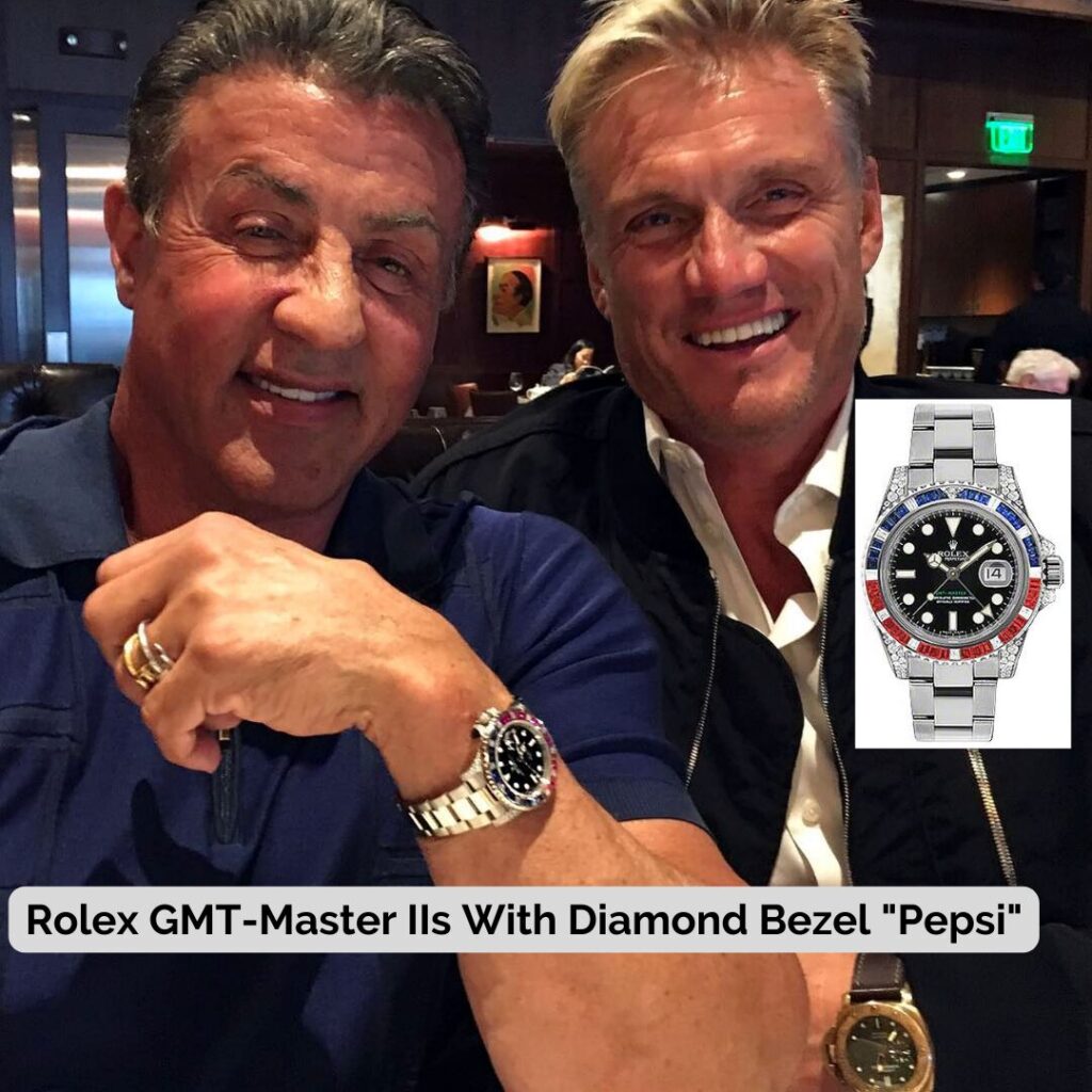 Sylvester Stallone wearing Rolex GMT-Master IIs With Diamond Bezel "Pepsi"