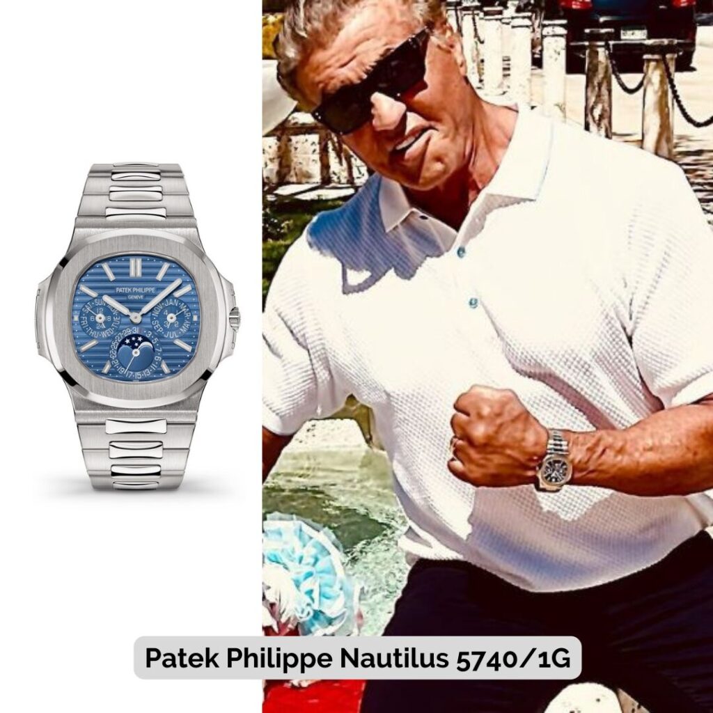 Sylvester Stallone wearing Patek Philippe Nautilus 5740/1G