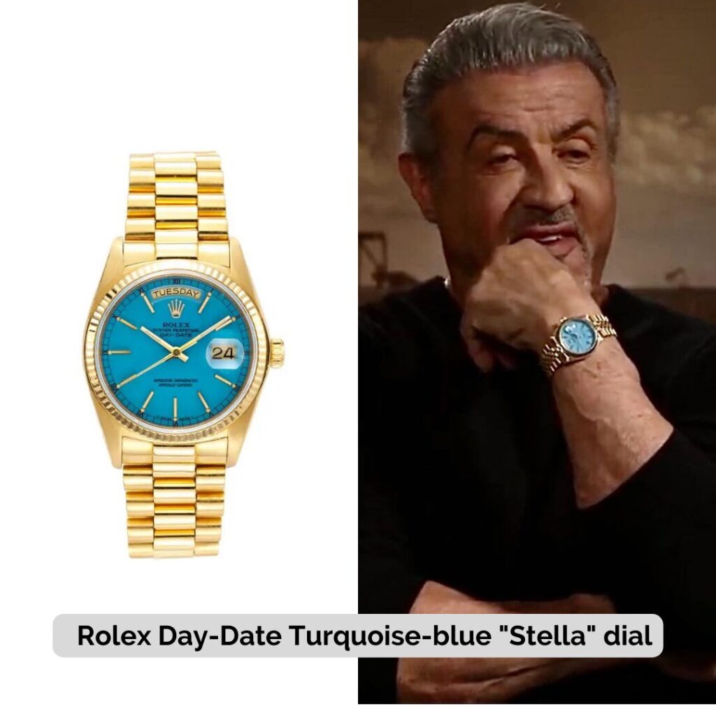 Sylvester Stallone wearing Rolex Day-Date Turquoise-blue "Stella" dial