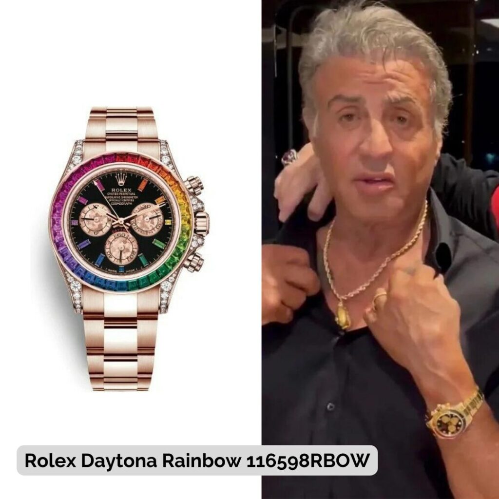 Sylvester Stallone wearing Rolex Daytona Rainbow 116598RBOW