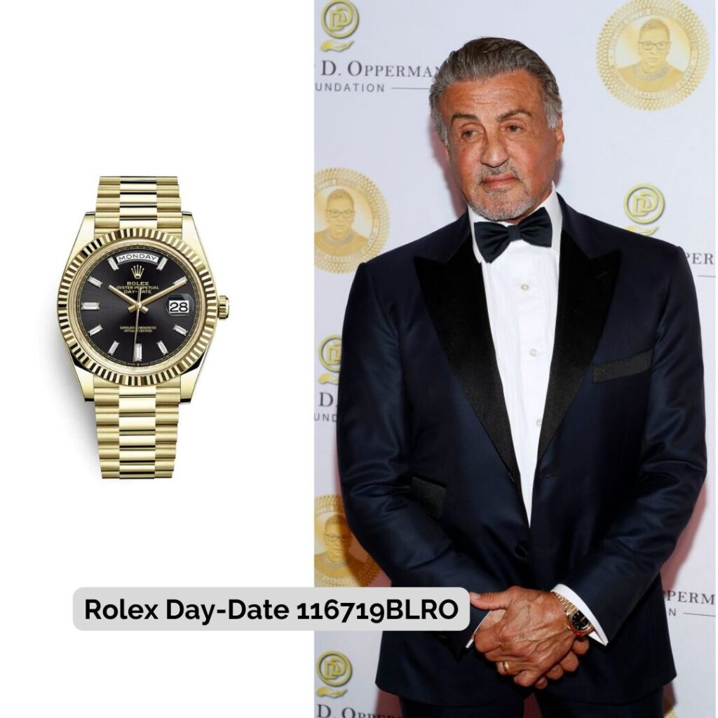Sylvester Stallone wearing Rolex Day-Date 116719BLRO