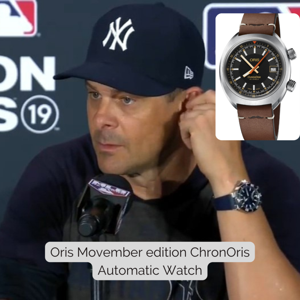 Aaron Boone wearing Oris Movember edition ChronOris Automatic Watch
