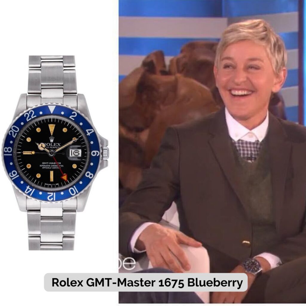 Ellen Degeneres wearing Rolex GMT-Master 1675 Blueberry