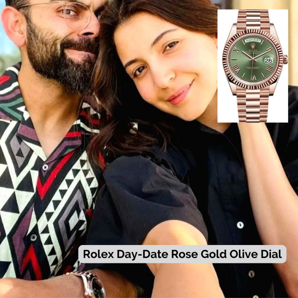 Virat Kohli wearing Rolex Day-Date Rose Gold Olive Dial