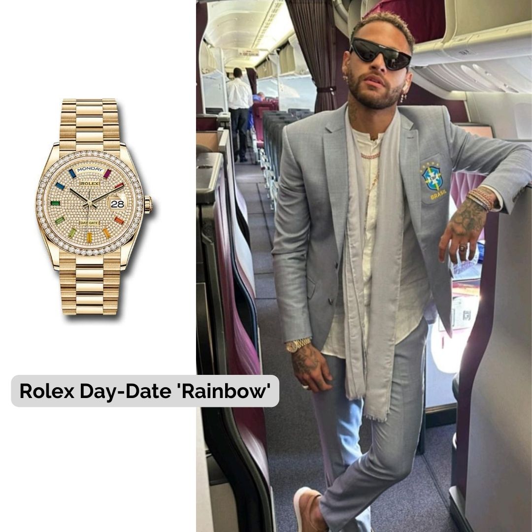 Neymar Jr wearing Rolex Day-Date 'Rainbow'
