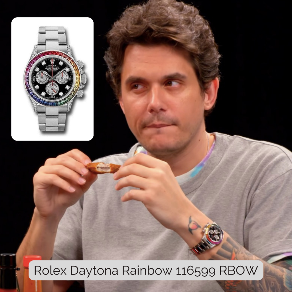 John Mayer wearing Rolex Daytona Rainbow 116599 RBOW
