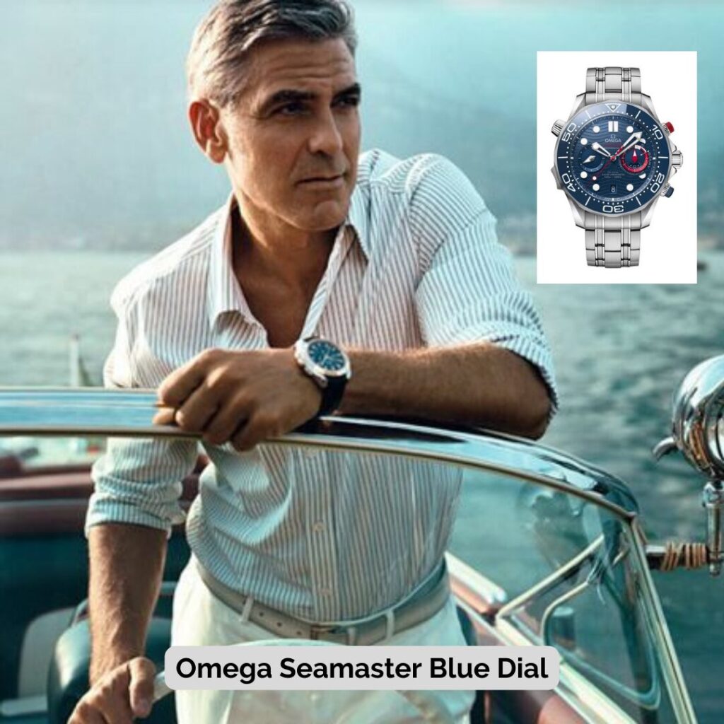 George Clooney wearing Omega Seamaster Blue Dial