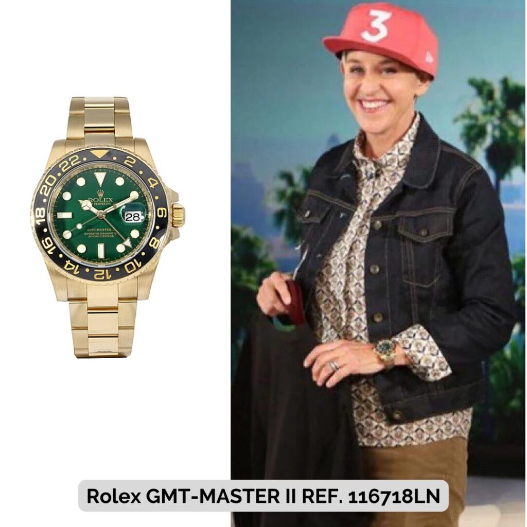 Ellen Degeneres wearing Rolex GMT-MASTER II REF. 116718LN