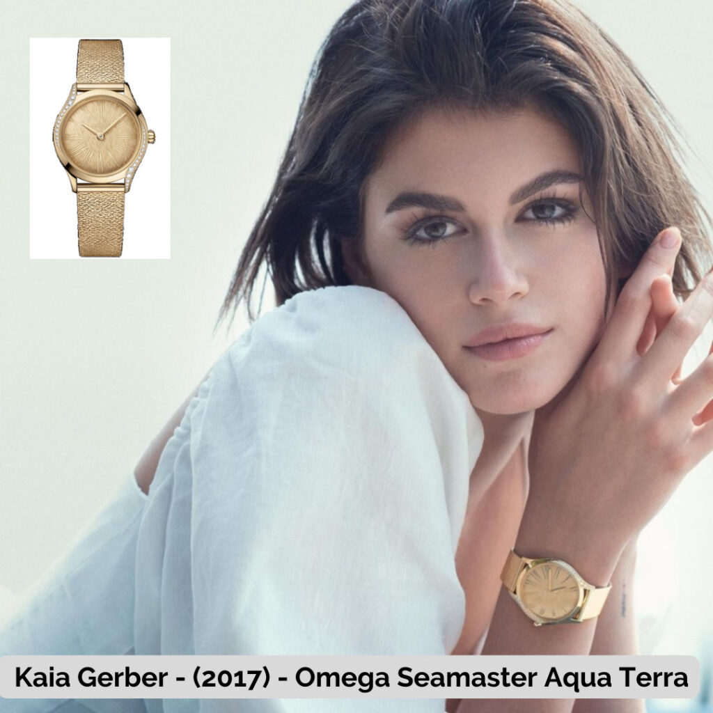 Kaia Gerber wearing Omega Seamaster Aqua Terra