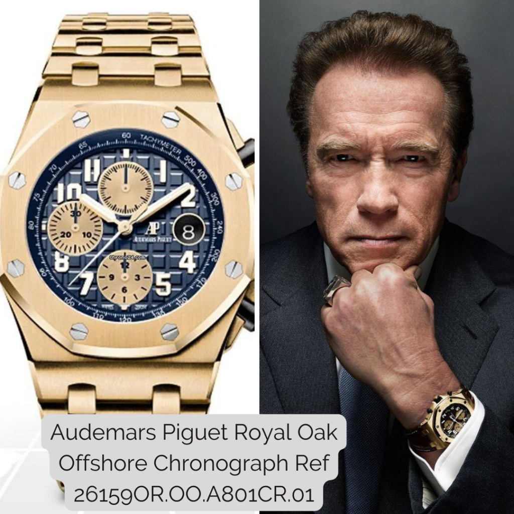 Arnold Schwarzenegger wearing Audemars Piguet Royal Oak Offshore Chronograph "Arnold's All Stars" Ref 26159OR.OO.A801CR.01