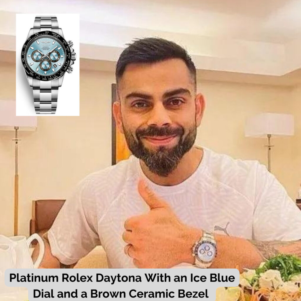 Virat Kohli wearing Platinum Rolex Daytona With an Ice Blue Dial and a Brown Ceramic Bezel