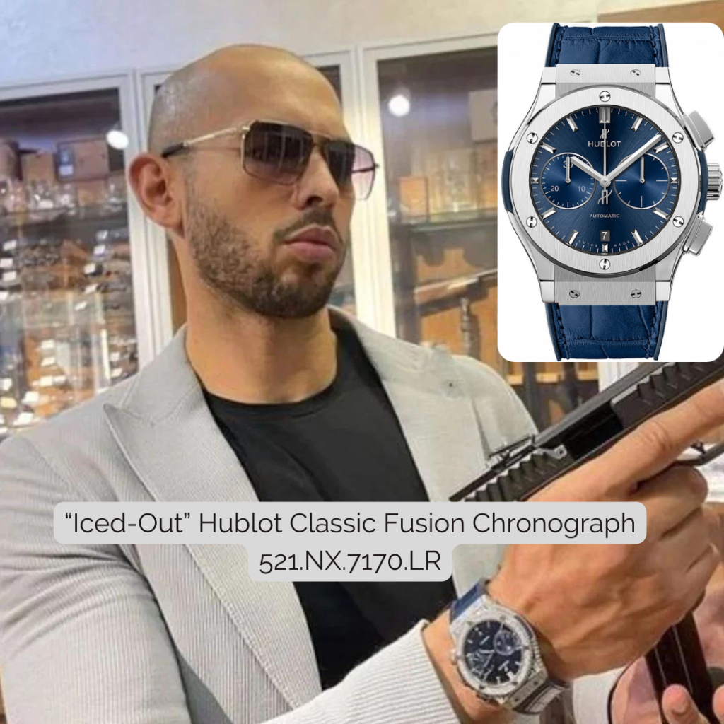 Andrew Tate wearing “Iced-Out” Hublot Classic Fusion Chronograph 521.NX.7170.LR