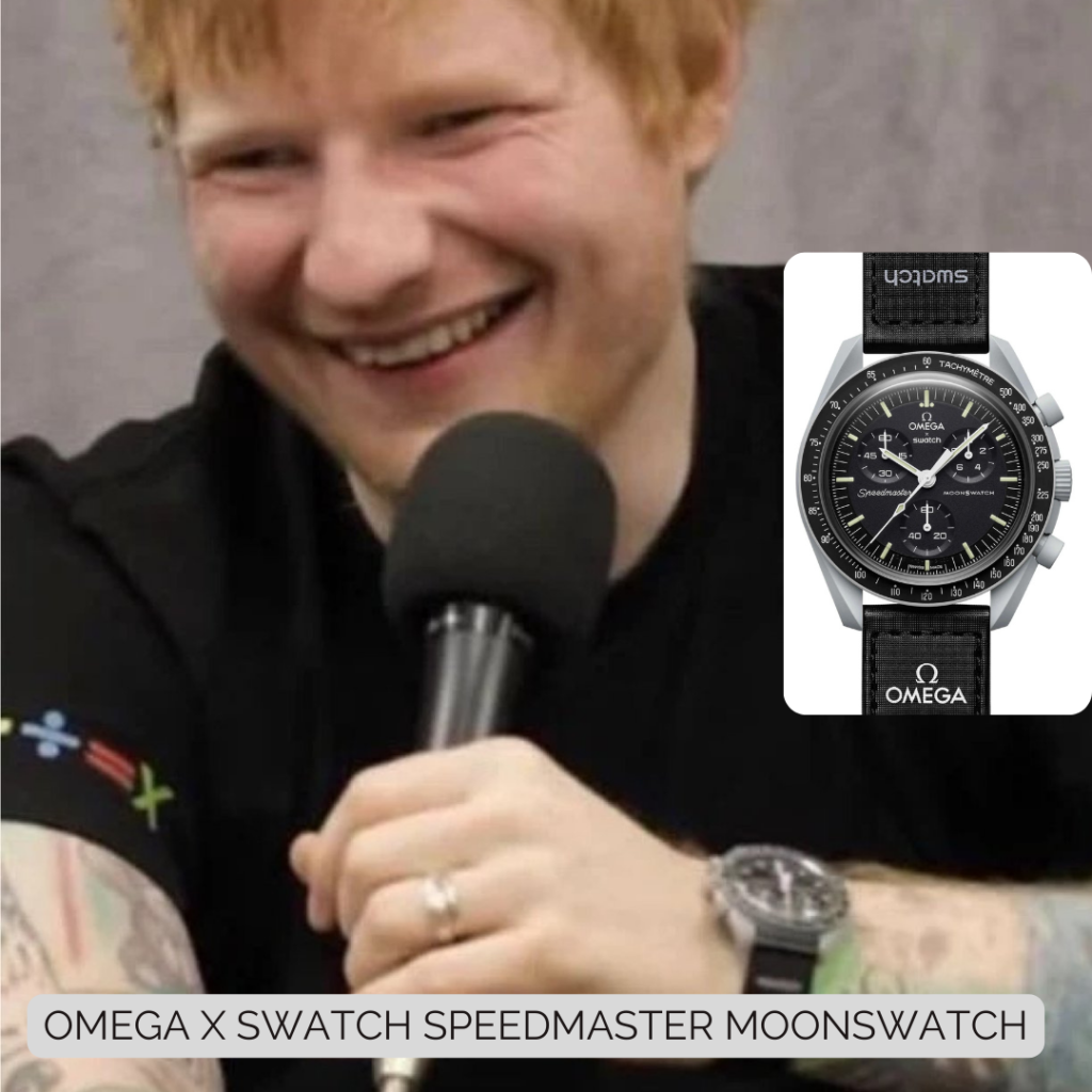 Ed Sheeran wearing OMEGA X SWATCH SPEEDMASTER MOONSWATCH