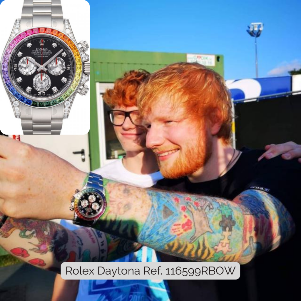 Ed Sheeran wearing Rolex Daytona Ref. 116599RBOW