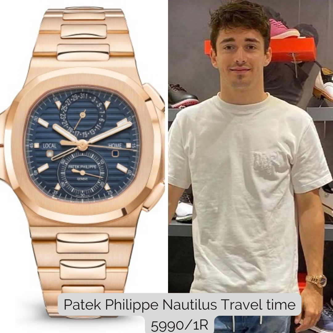 Charles Leclerc wearing Patek Philippe Nautilus Travel time 5990/1R
