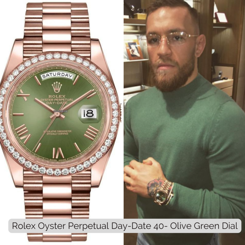 Conor McGregor wearing Rolex Oyster Perpetual Day-Date 40- Olive Green Dial