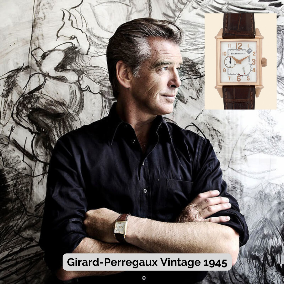 Pierce Brosnan wearing Girard-Perregaux Vintage 1945