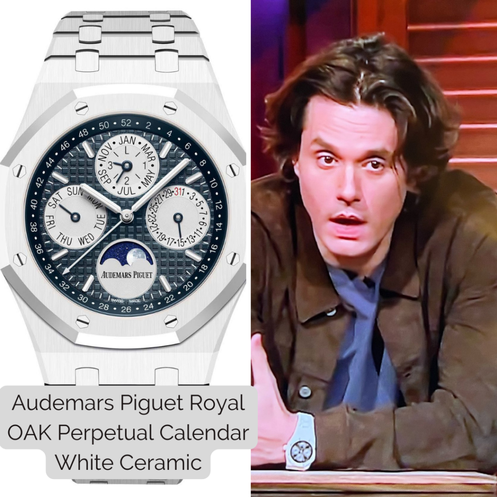 John Mayer wearing Audemars Piguet Royal OAK Perpetual Calendar White Ceramic