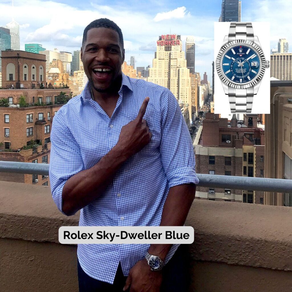 Michael Strahan wearing Rolex Sky-Dweller Blue