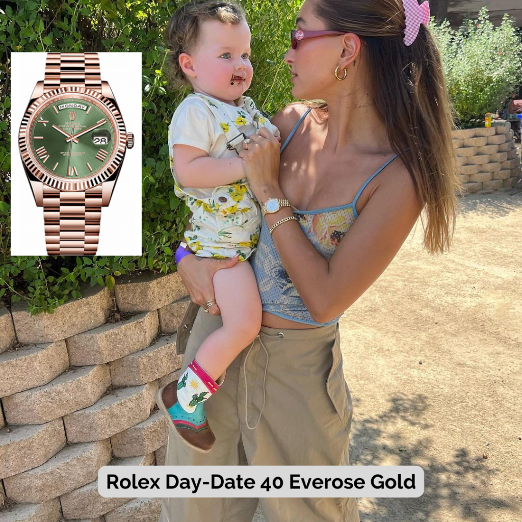 Hailey Bieber wearing Rolex Day-Date 40 Everose Gold