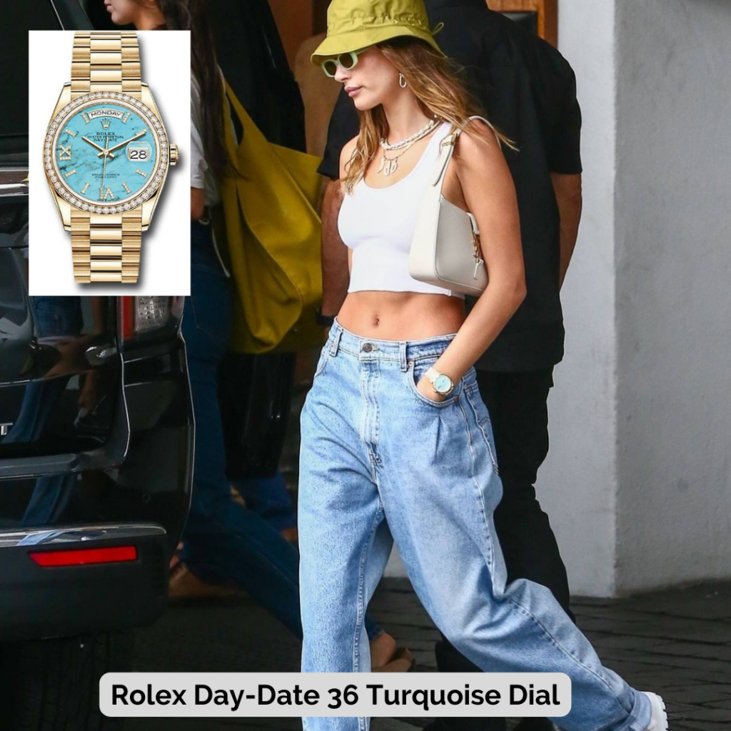 Hailey Bieber wearing Rolex Day-Date 36 Turquoise Dial