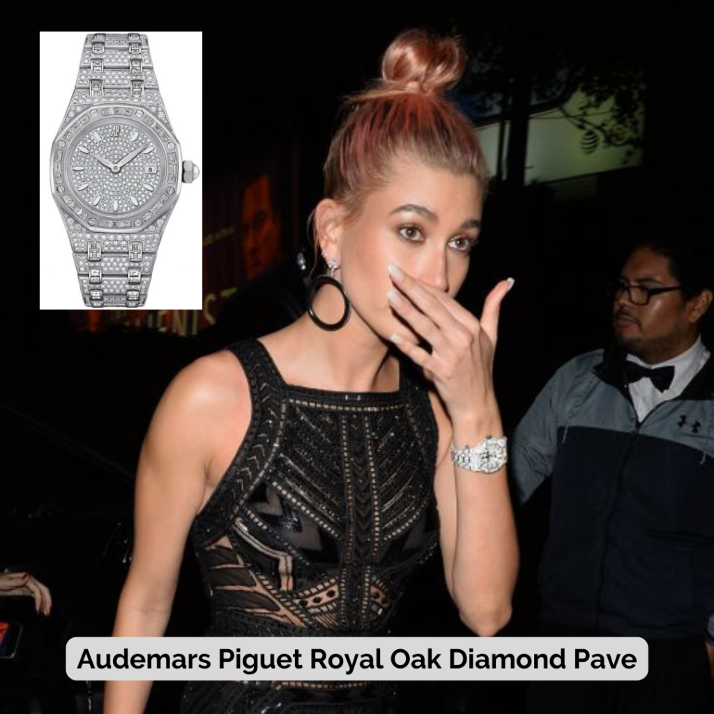 Hailey Bieber wearing Audemars Piguet Royal Oak Diamond Pave