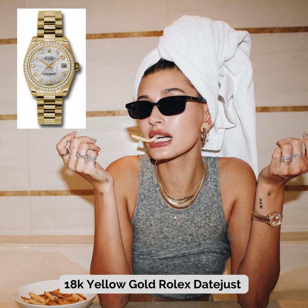 Hailey Bieber wearing 18k Yellow Gold Rolex Datejust