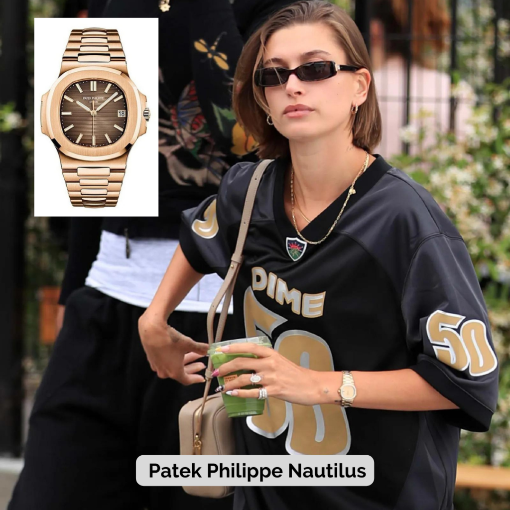 Hailey Bieber wearing Patek Philippe Nautilus
