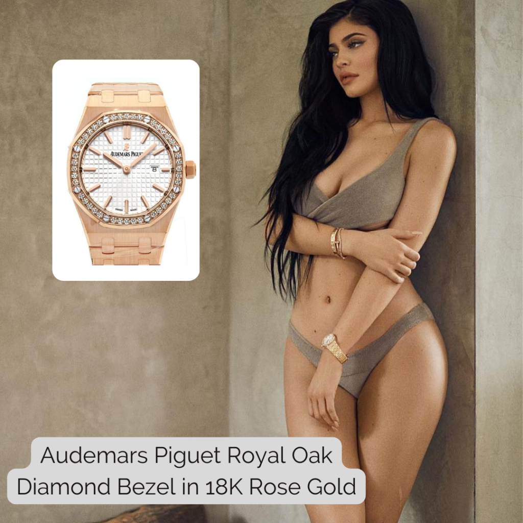 Kylie Jenner wearing Audemars Piguet Royal Oak Diamond Bezel in 18K Rose Gold 