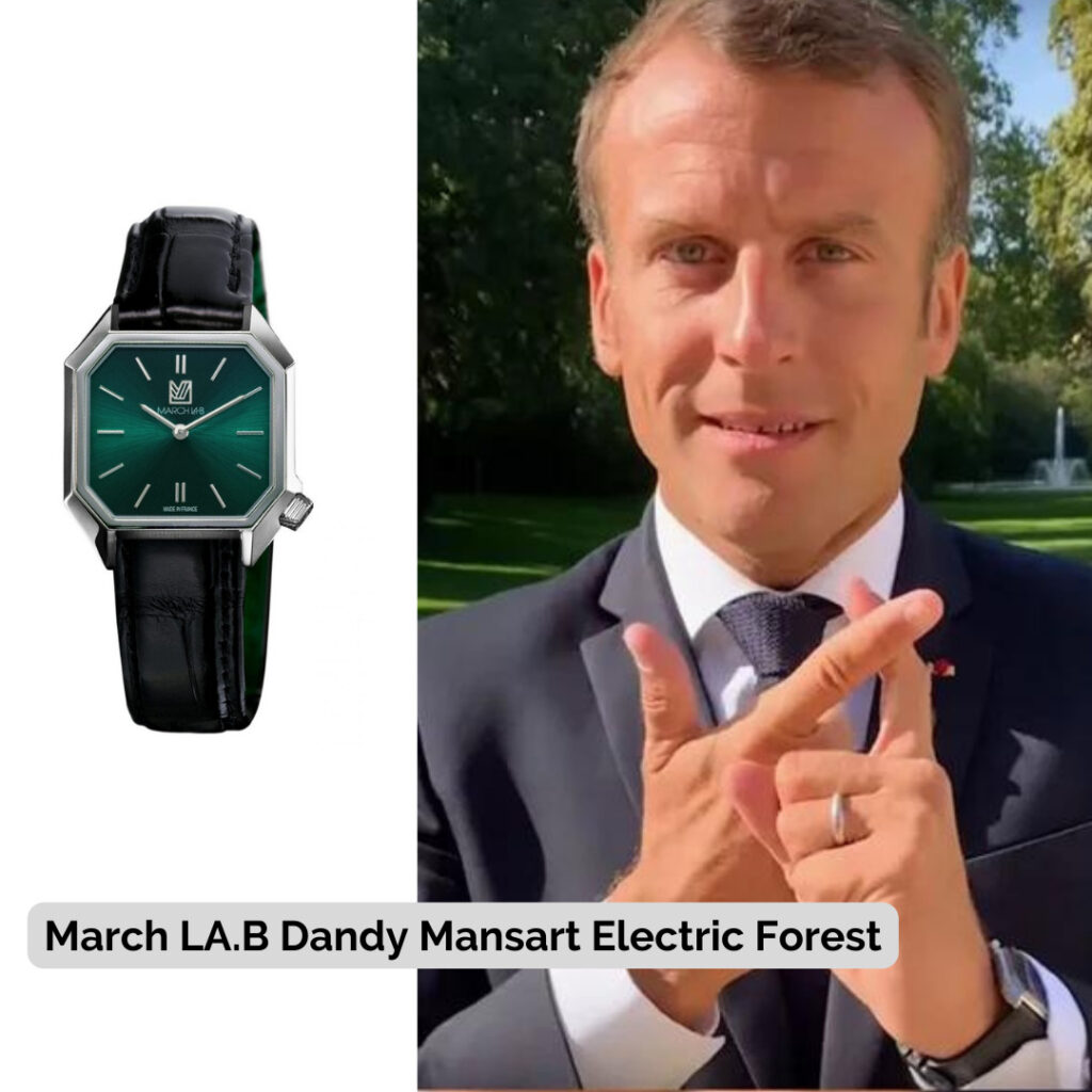 Emmanuel Macron wearing March LA.B Dandy Mansart Electric Forest