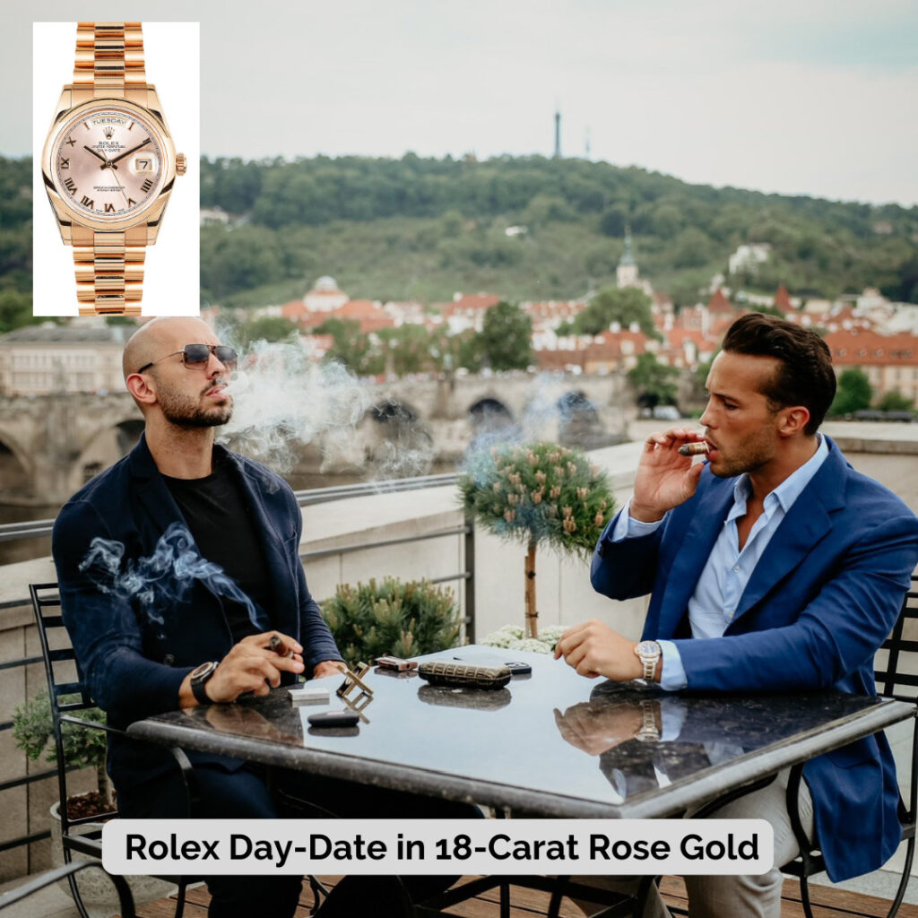 Tristan Tate wearing Rolex Day-Date in 18-Carat Rose Gold
