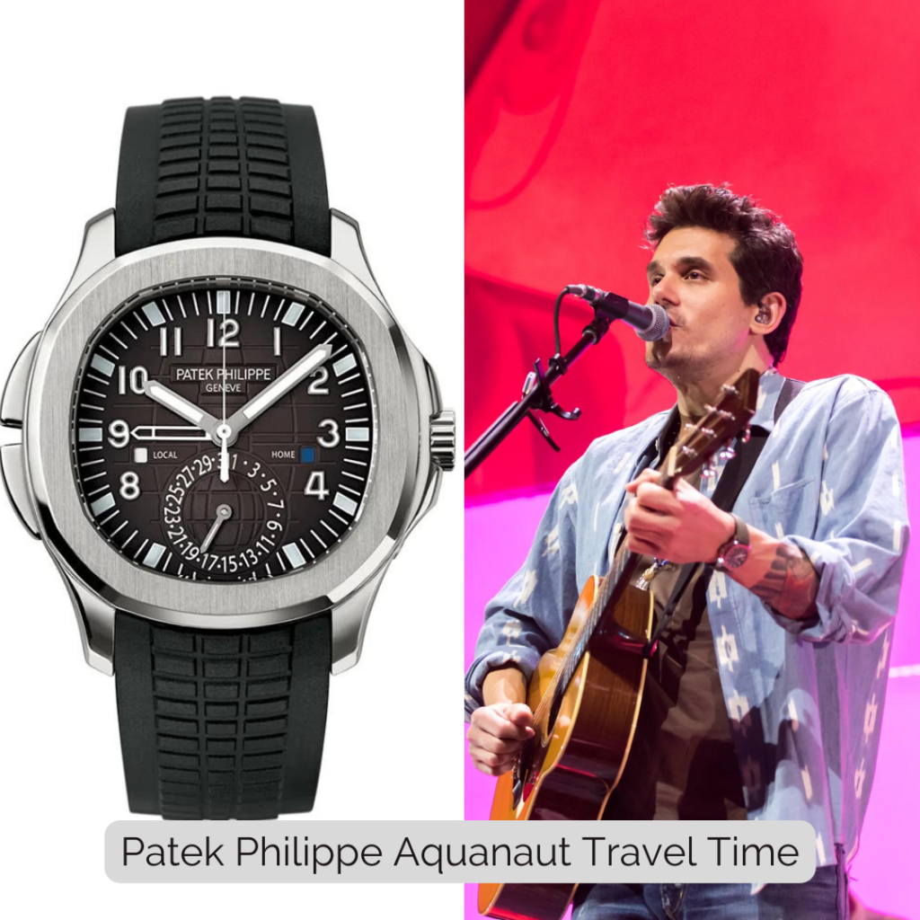 John Mayer wearing Patek Philippe Aquanaut Travel Time