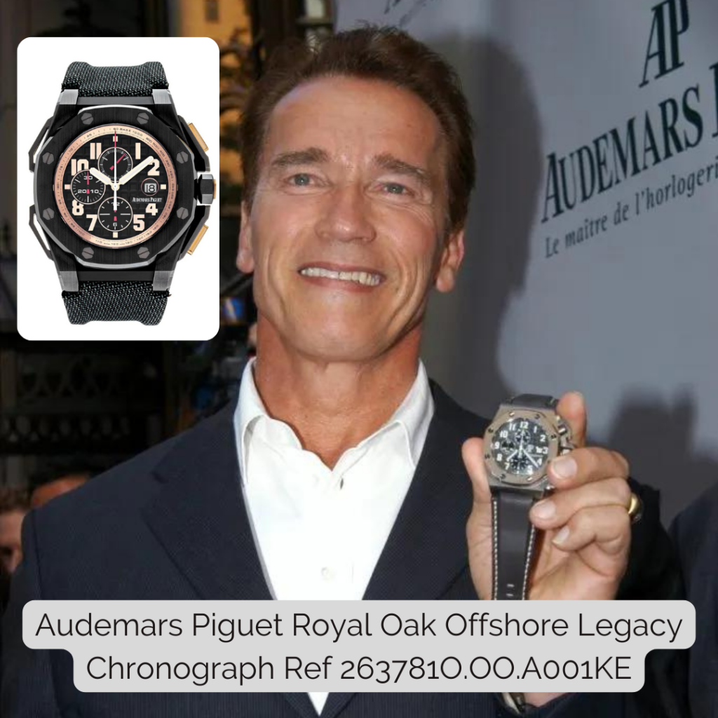 Arnold Schwarzenegger wearing Audemars Piguet Royal Oak Offshore Legacy Chronograph Ref 263781O.OO.A001KE