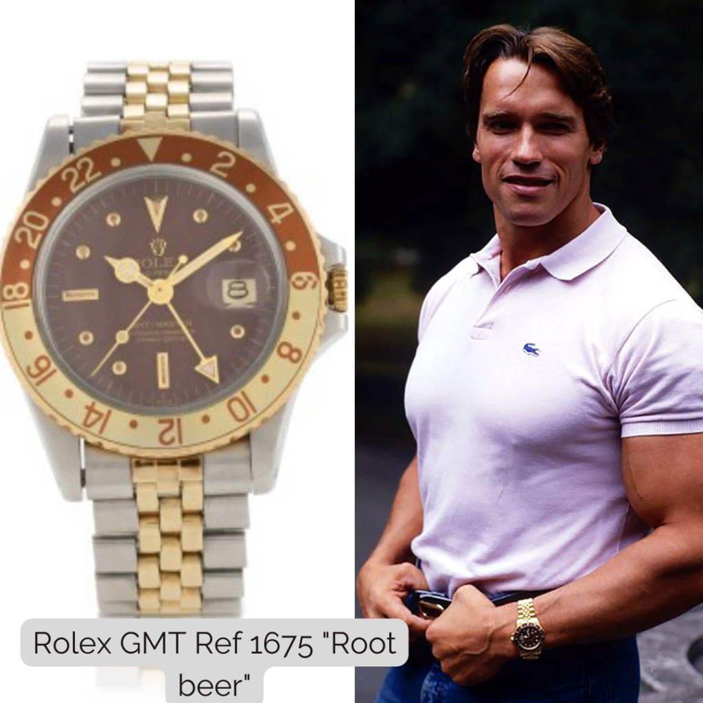 Arnold Schwarzenegger wearing Rolex GMT Ref 1675 Root beer