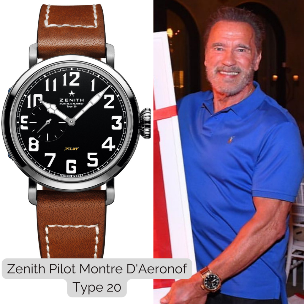 Arnold Schwarzenegger wearing Zenith Pilot Montre d'Aeronof Type 20