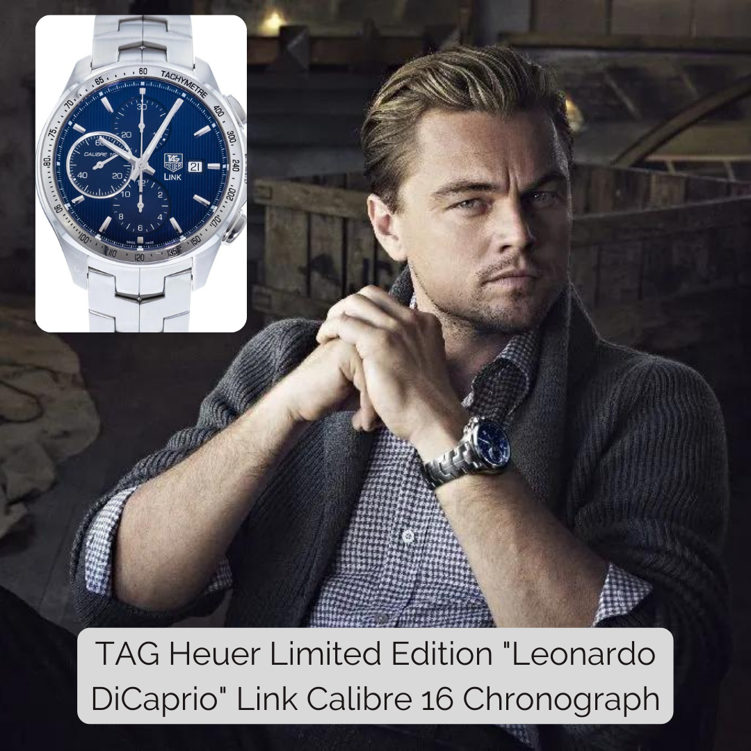 Leonardo DiCaprio wearing TAG Heuer Limited Edition "Leonardo DiCaprio" Link Calibre 16 Chronograph