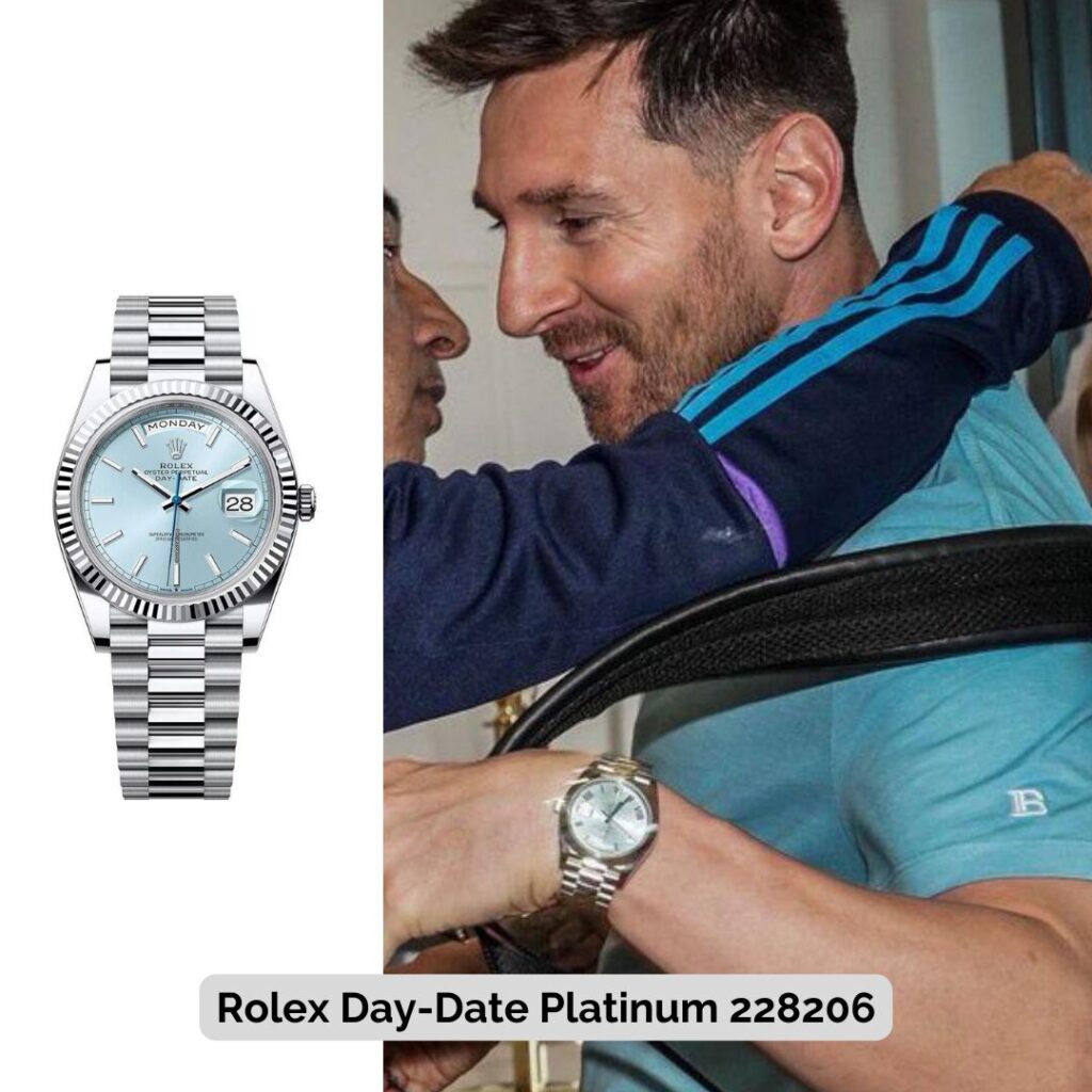 Lionel Messi wearing Rolex Day-Date Platinum 228206