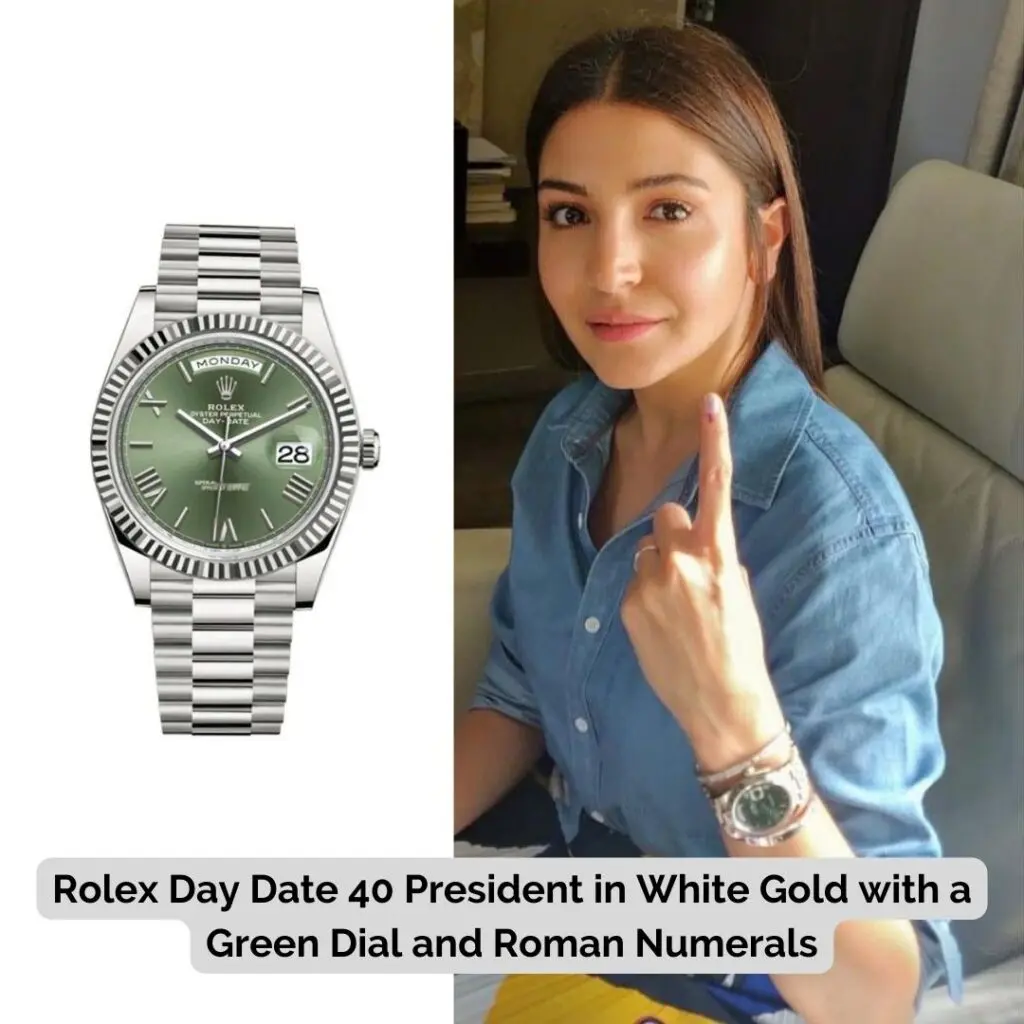 Anushka Sharma wearing Rolex Day Date 40 President in White Gold with a Green Dial and Roman Numerals