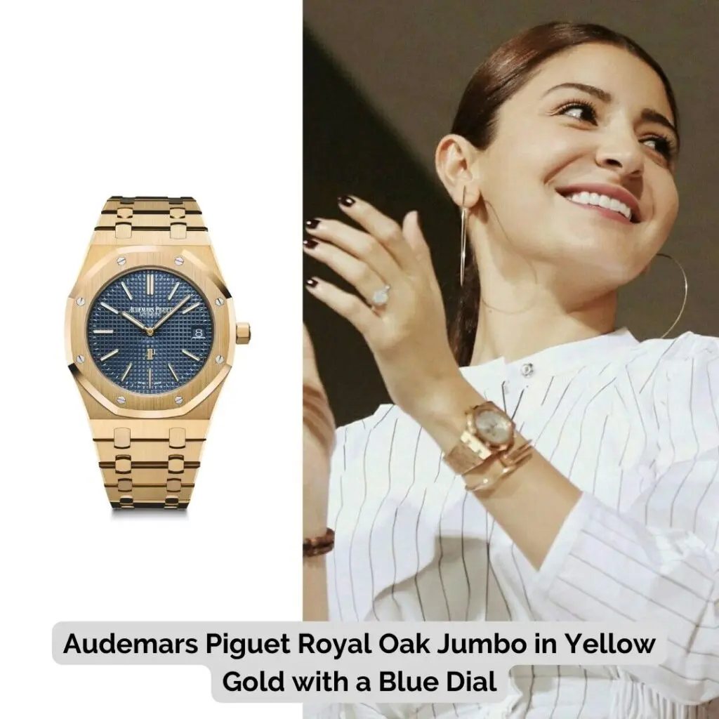 Anushka Sharma wearing Audemars Piguet Royal Oak Jumbo in Yellow Gold with a Blue Dial