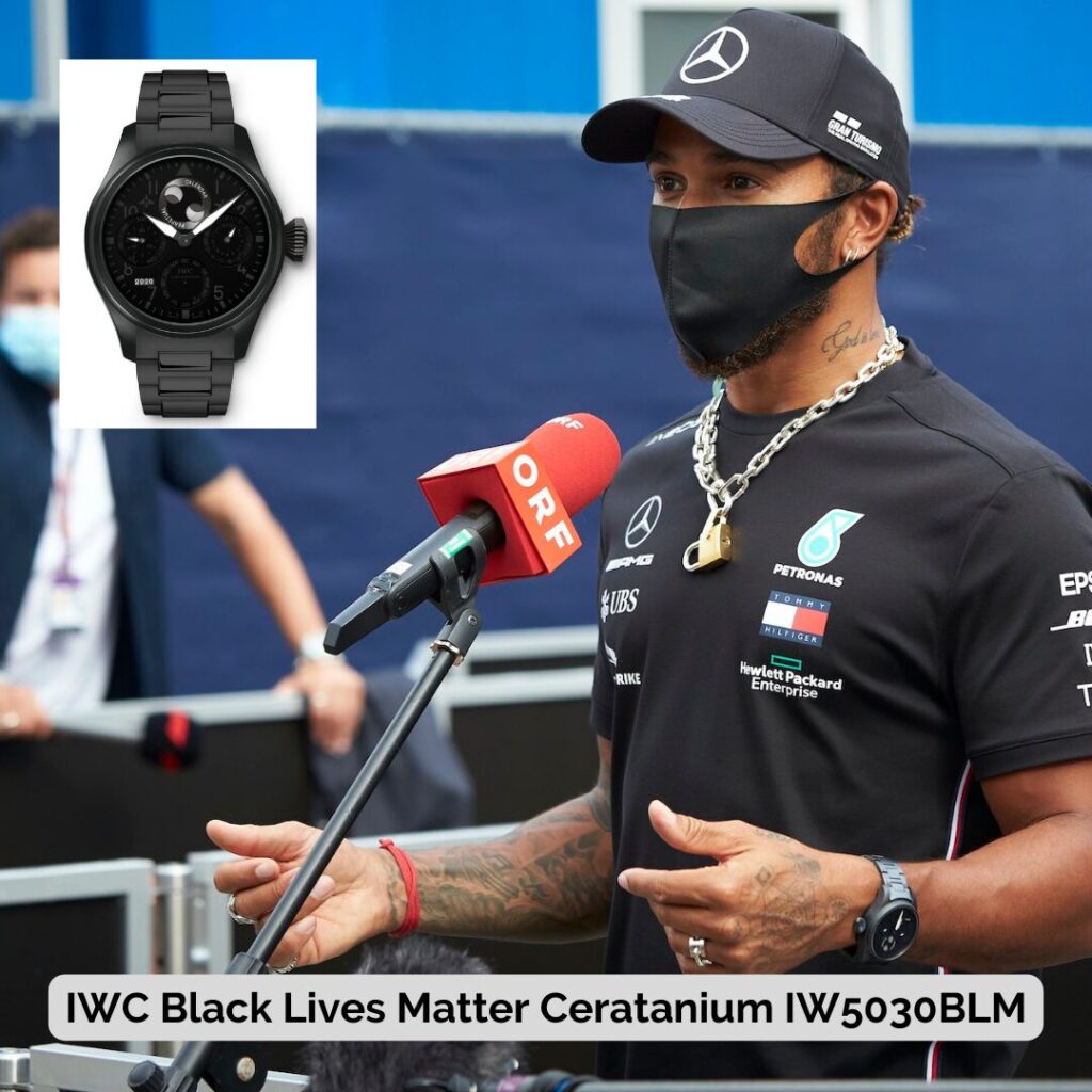 Lewis Hamilton wearing IWC Black Lives Matter Ceratanium IW5030BLM