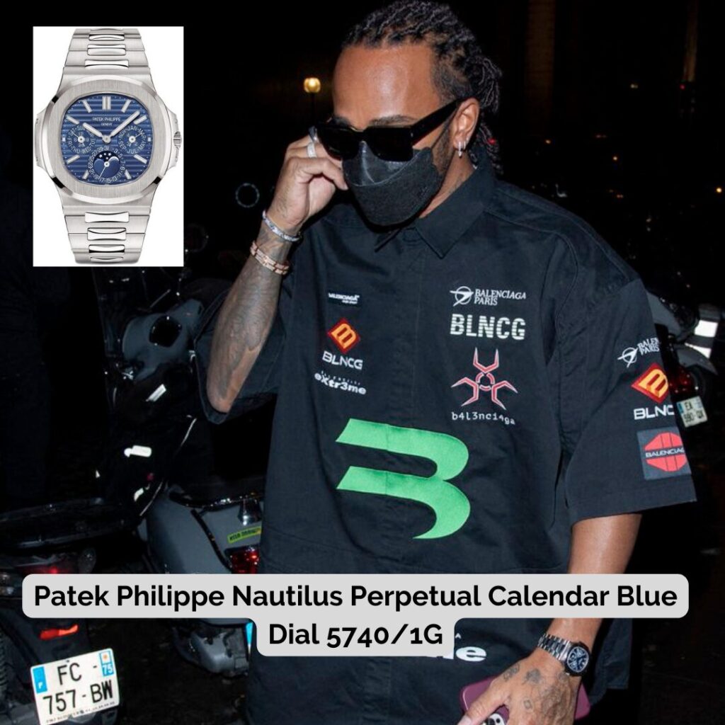 Lewis Hamilton wearing Patek Philippe Nautilus Perpetual Calendar Blue Dial 5740/1G