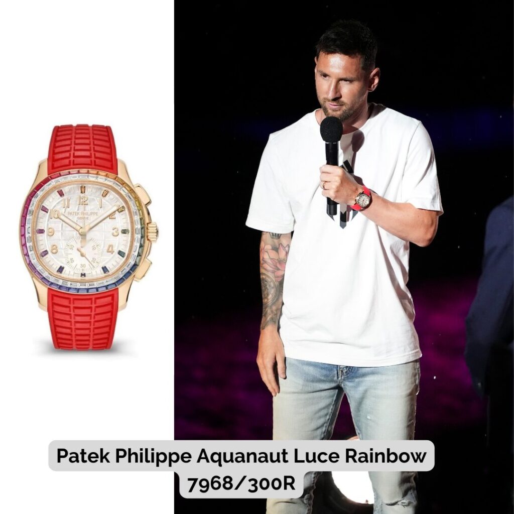 Lionel Messi wearing Patek Philippe Aquanaut Luce Rainbow 7968/300R